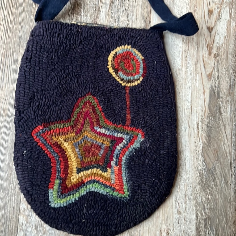 Hand hooked and sewn navy star and flower primitives purse